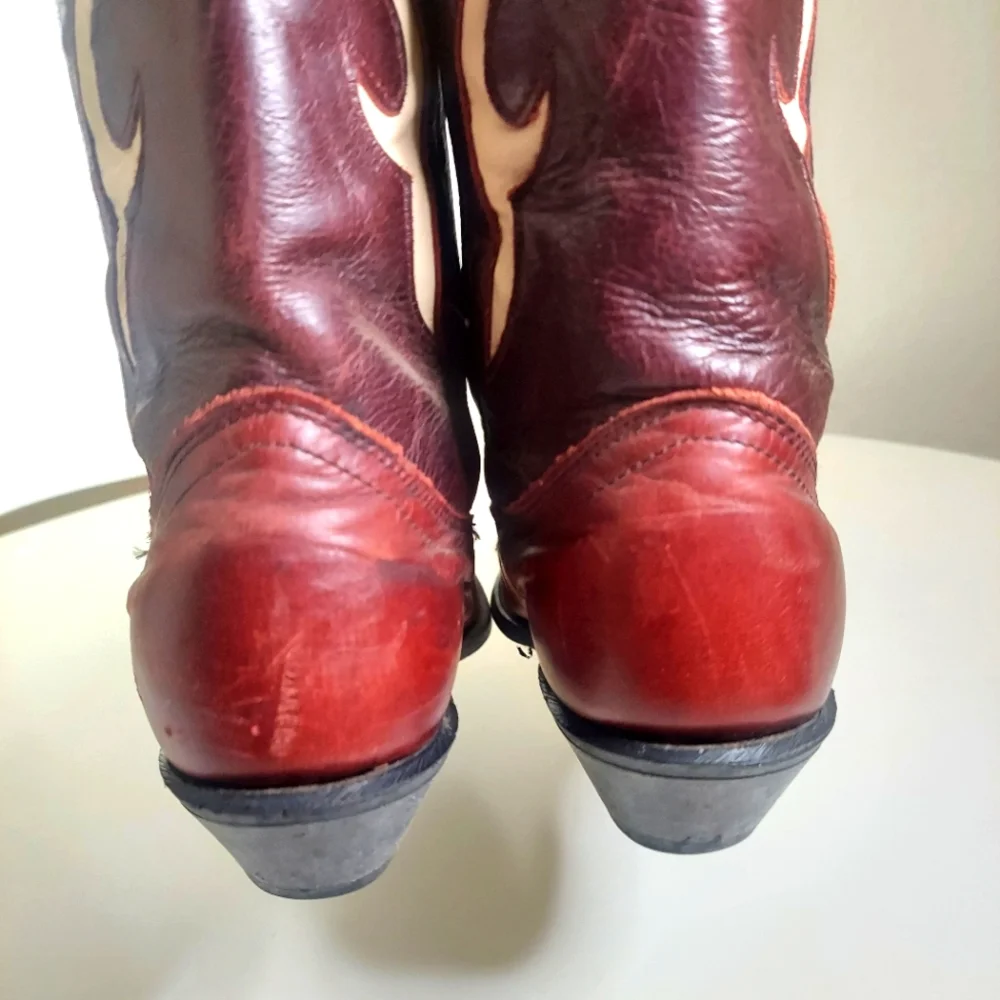 Burgundy & Light Beige Leather Heeled Cowgirl Boots - Picture 9 of 15